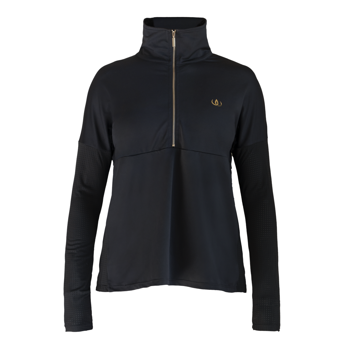 Edge Half Zip Träningströja frilagd framifrån. Svart med hög krage, guldfärgad dragkedja ner till bröstet och liten guldlogga.