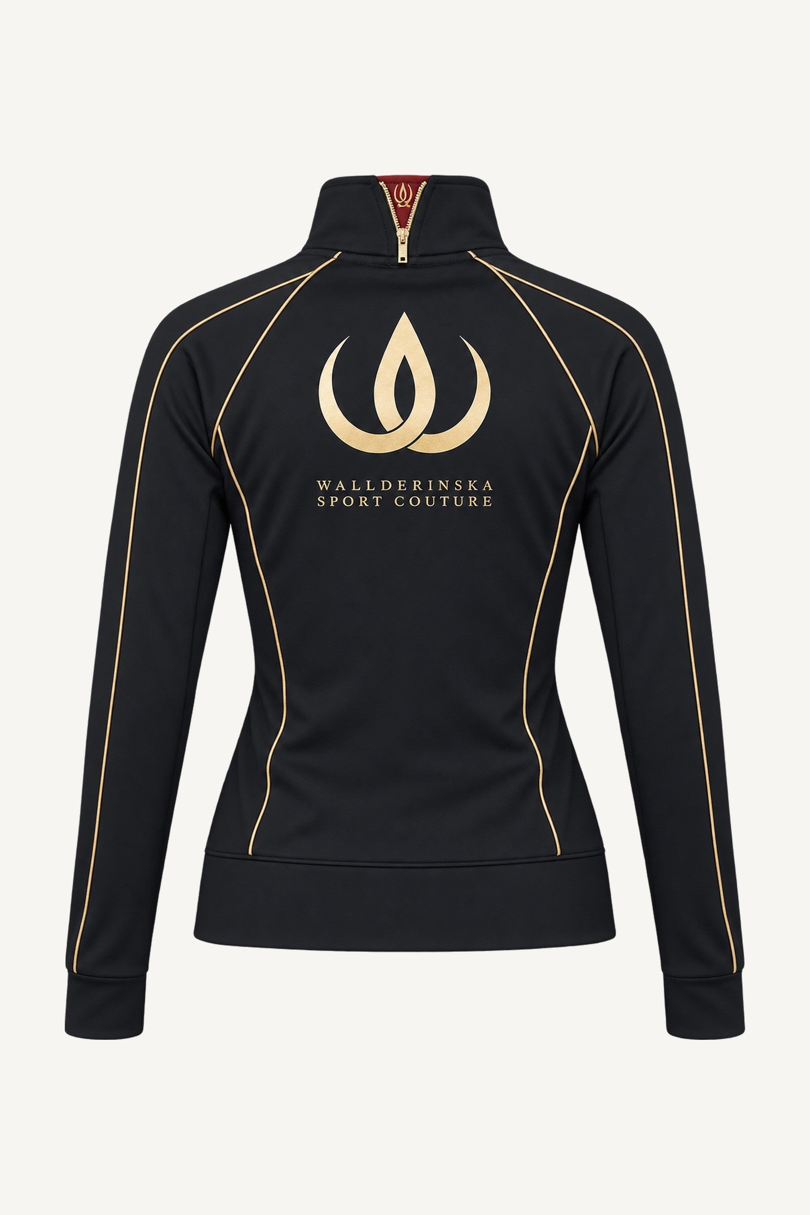 Goldline Träningsjacka von hinten, freigestellt. Großes Goldlogo zwischen den Schulterblättern und Goldpaspel entlang der Rückennähte.